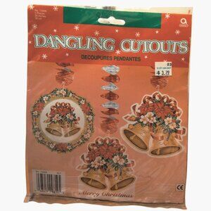 Christmas Dangling Cutouts 3 Pcs 30 Inches Gold Bells Poinsettias VTG Holiday